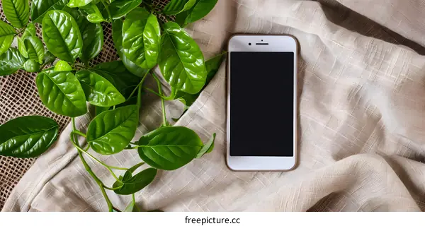White Smartphone on Fabric Background with Green Leaves