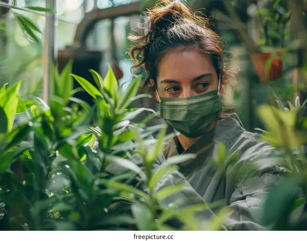 Close-up of a young female florist wearing a protective face mask while working in a greenhouse