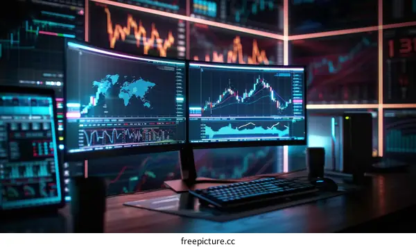 A Futuristic Trading Room with Multiple Monitors