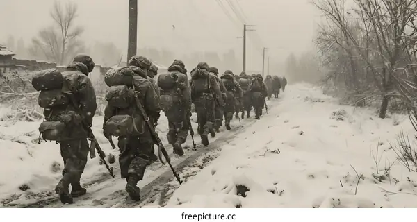 A group of soldiers walking through the snow in a war zone
