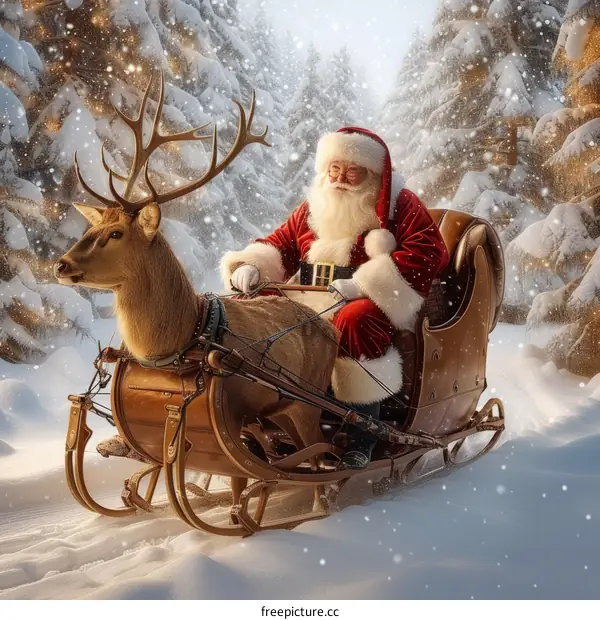 Santa Claus riding in a sleigh through a snowy forest with a reindeer