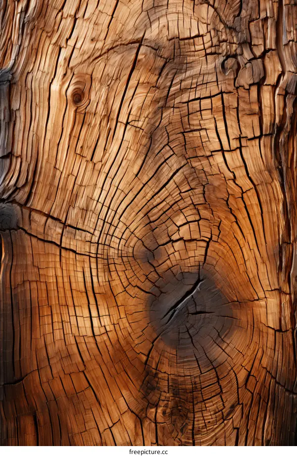 A wooden texture with cracks and a dark spot in the center
