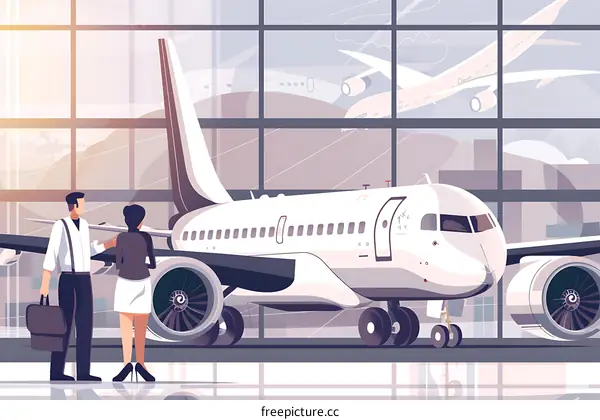 Airport Gate View With Couple Waiting For Flight