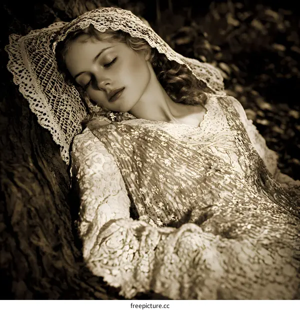 Sleeping Beauty in the Forest Portrait of a Woman in Vintage Dress