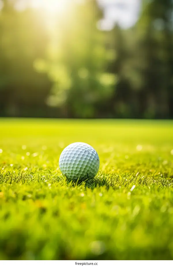 Close-up of a golf ball on the green with the sun in the background