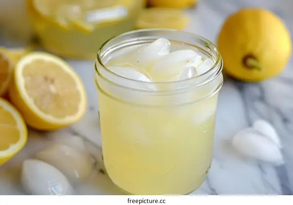 Refreshing Lemonade with Ice Cubes in a Glass Jar