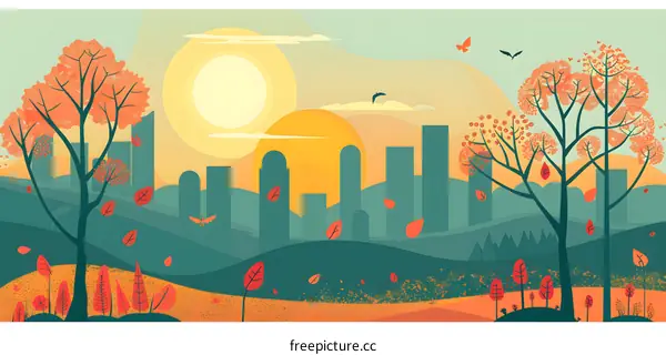 Autumn Cityscape Illustration with Trees and Sunset