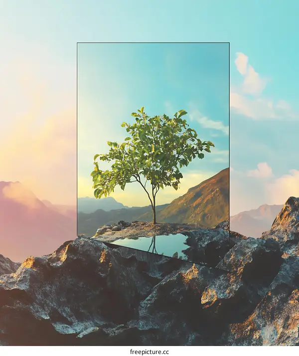 Minimalist Digital Art of a Tree on a Mountaintop