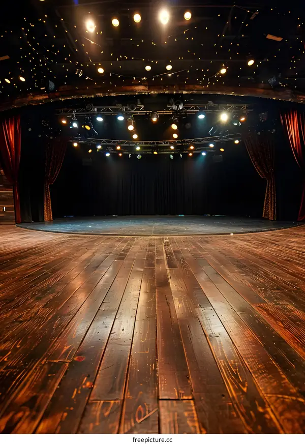 Empty Stage with Wooden Floor and Red Curtains