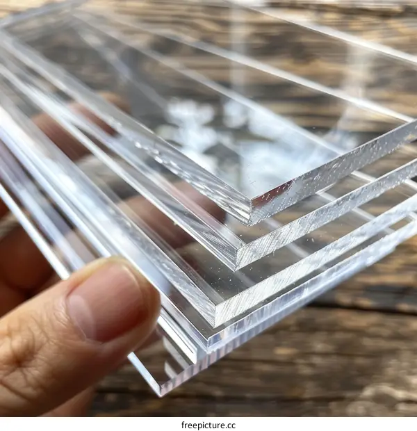 A hand holding four pieces of transparent acrylic sheets