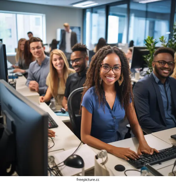 Group of smiling office workers sitting at their desks and looking at the camera