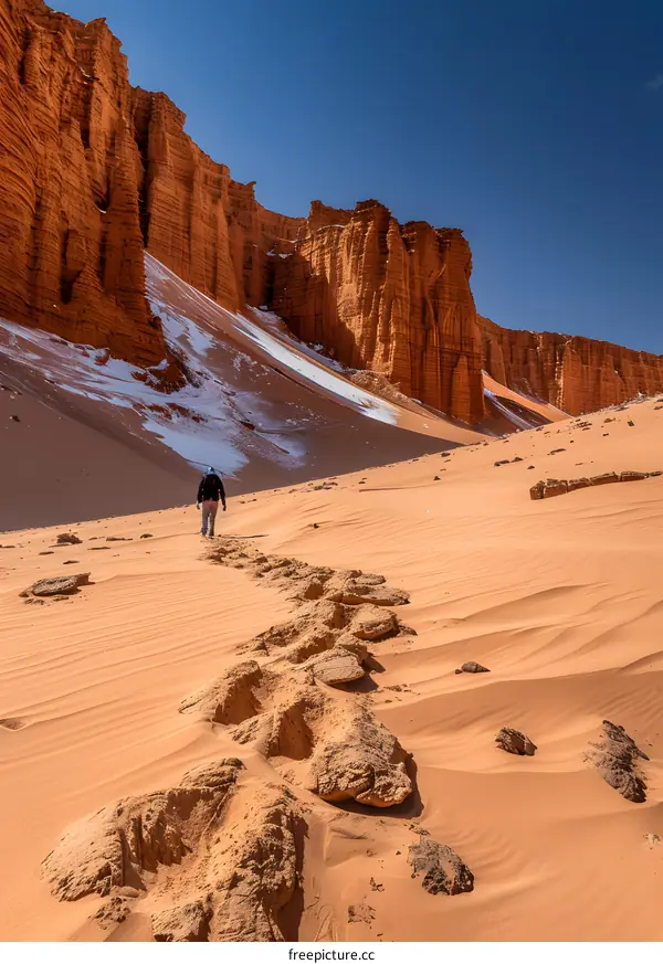 Man walking alone in the desert with huge sand dunes in the background