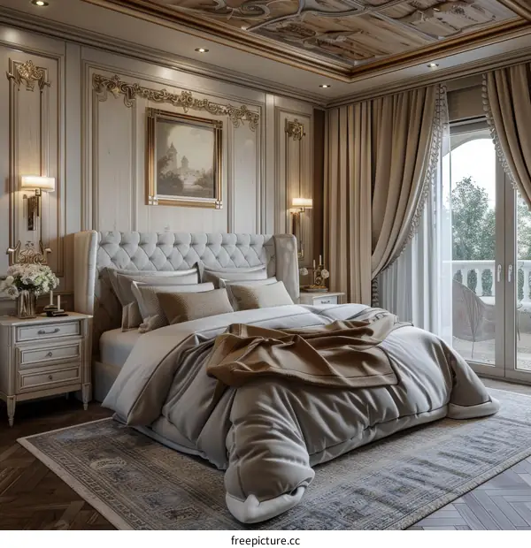 Ornate bedroom with a large bed, two bedside tables, a painting, and a balcony with a view of the forest