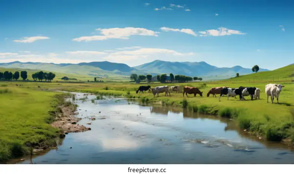 Cows grazing in a lush green field near a river on a sunny day with mountains in the distance
