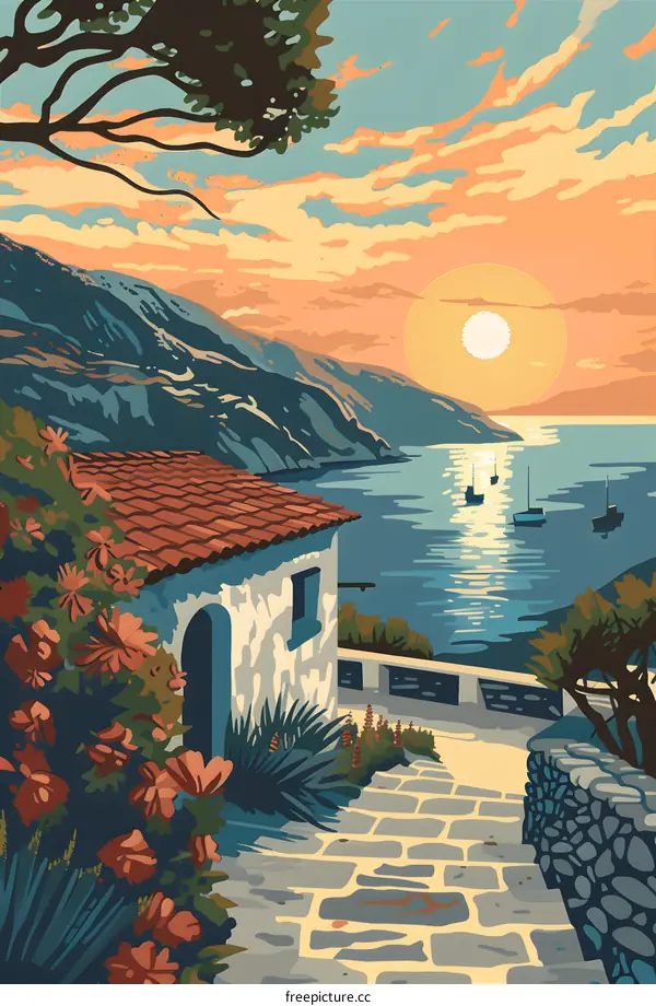 Coastal Sunset with a Stone Pathway