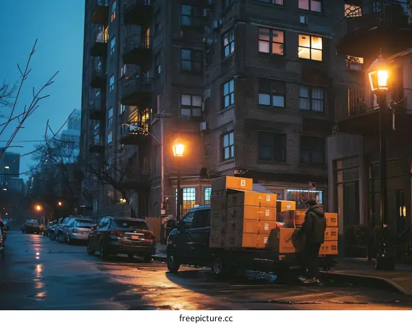 A delivery man unloading boxes from a van in the rain at night