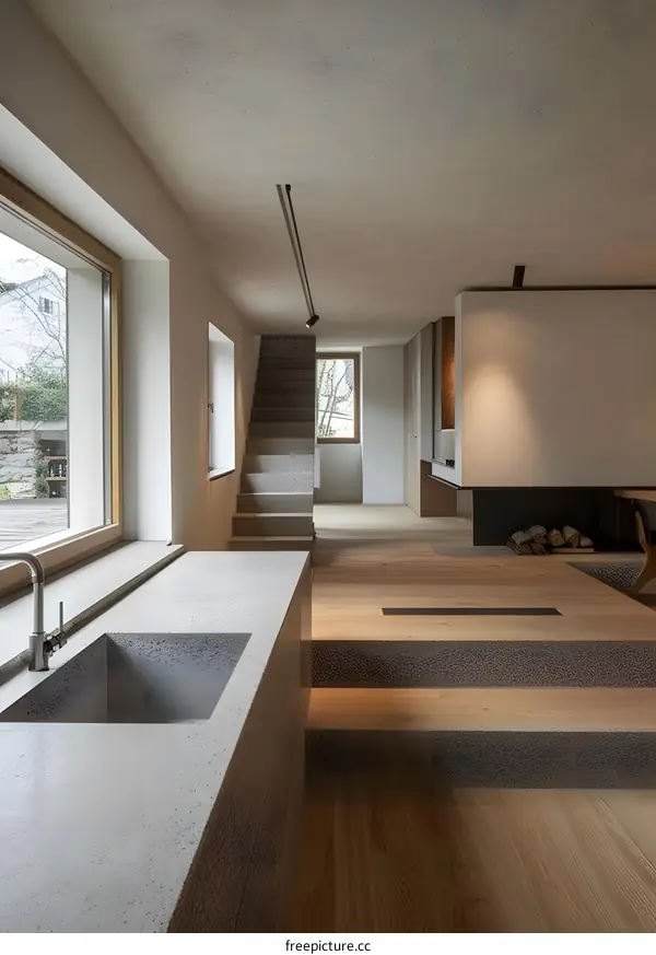 Modern Kitchen with Concrete Countertop and Wooden Flooring