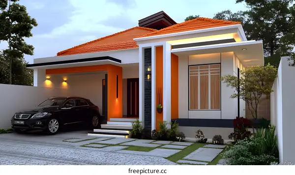 Modern House Exterior Design With Orange And White Color