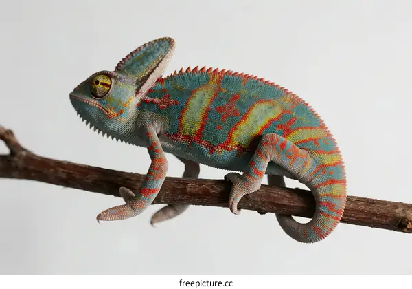Colorful chameleon perched on a branch showing vibrant patterns