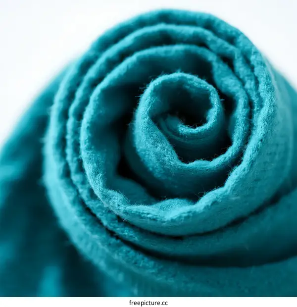 Close-up view of rolled teal colored soft fabric with spiral texture