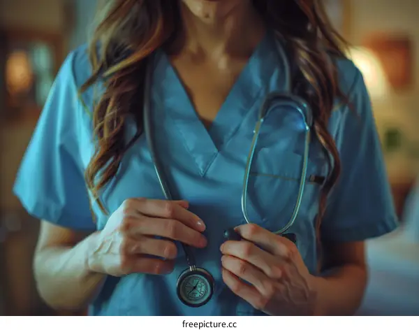 Close-up of a female doctor in blue uniform holding a stethoscope