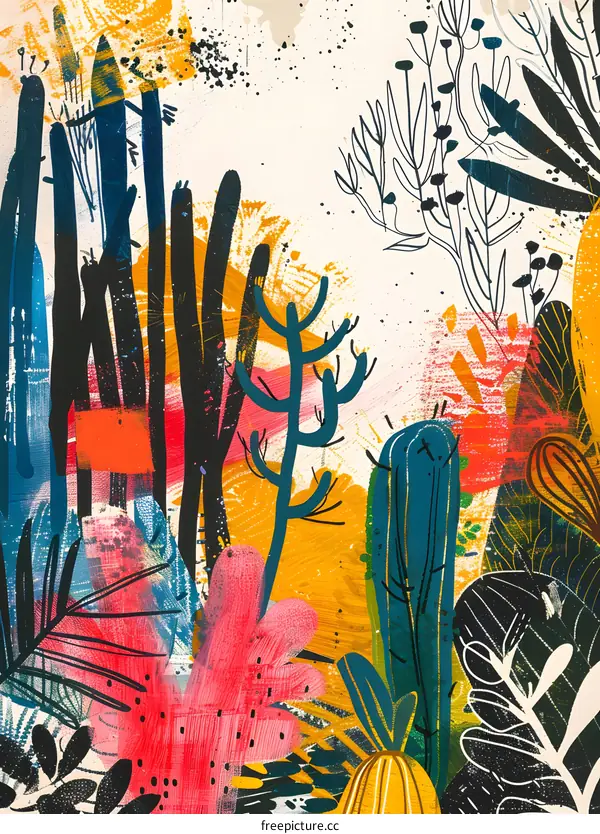 Abstract Art Illustration of Plants and Flowers in Vibrant Colors