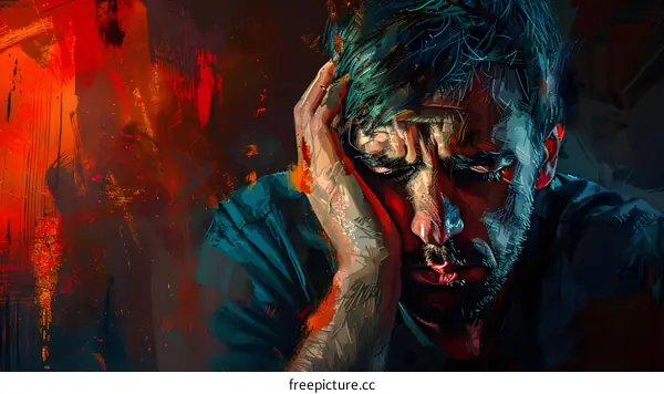 Portrait of a man with tattoos on his face and arms, he is wearing a blue shirt and has his hand on his head, the background is red and orange.