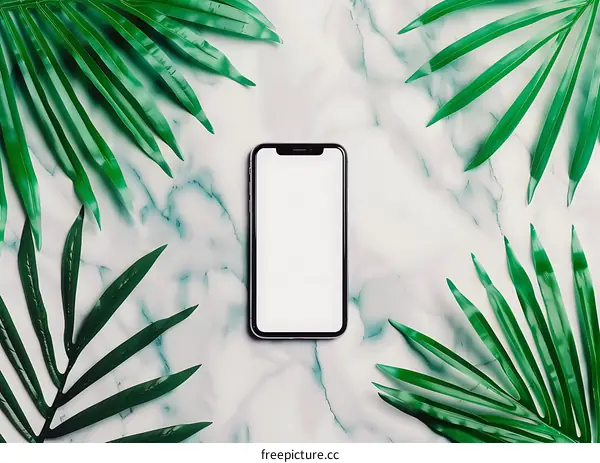 Mockup of a Smartphone on Marble Background with Green Leaves
