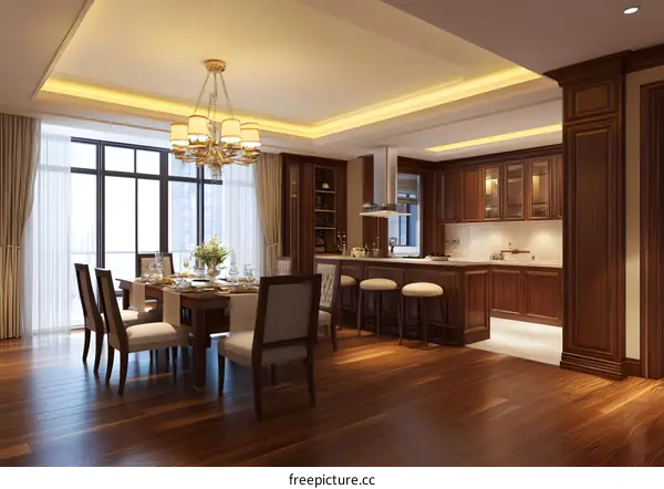 Modern Interior Design of a Dining Room with Chandelier