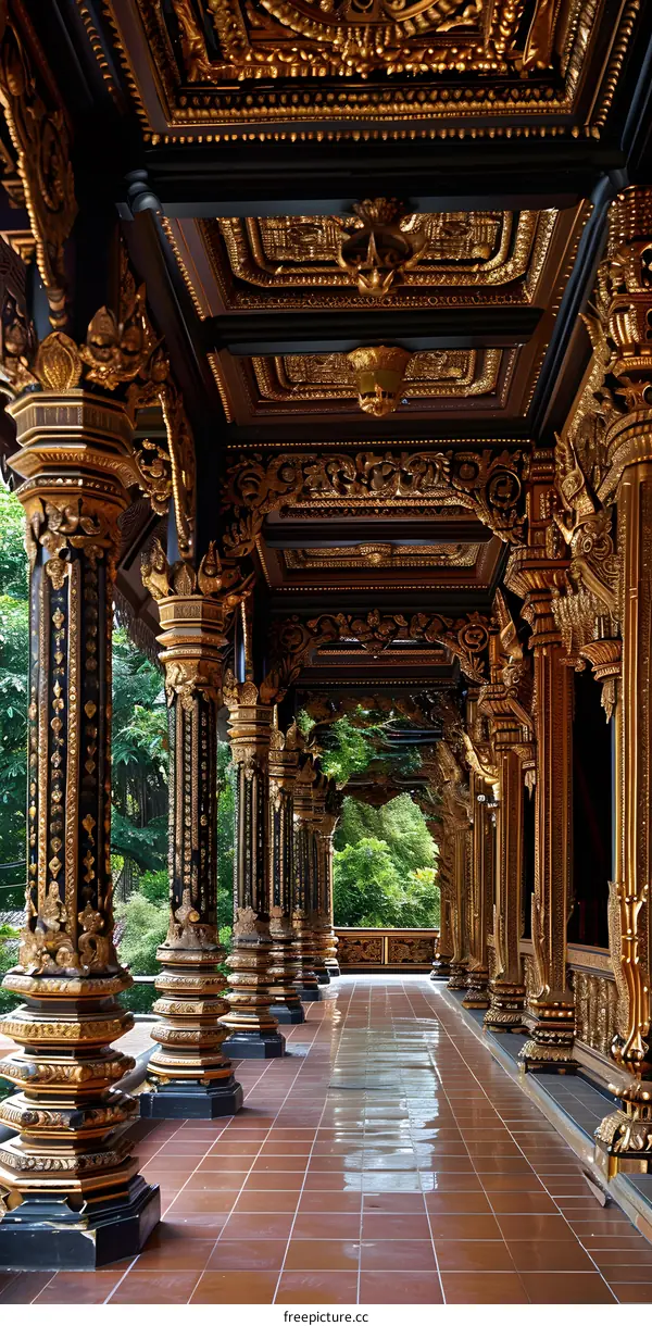 The corridor of a Buddhist temple with ornate pillars and a coffered ceiling