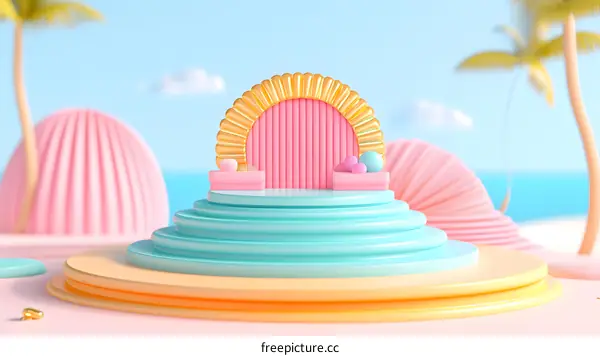 Colorful 3D Rendered Podium With Tropical Background