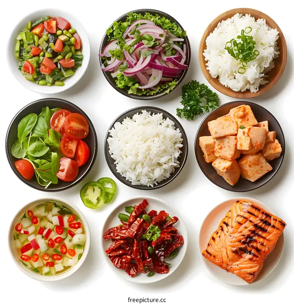Various bowls of food ingredients including rice, tofu, vegetables and salad