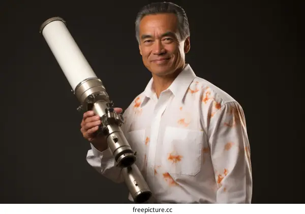 Portrait of an Asian American man holding a telescope