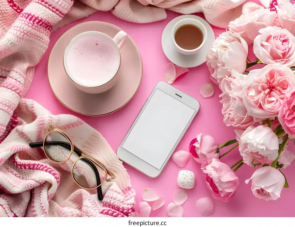 Pink Flowers and Phone Mockup on Pink Background