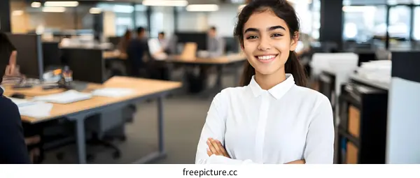 Smiling Young Businesswoman With Arms Crossed In Office Setting