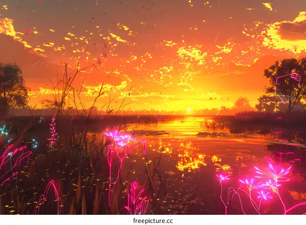 Neon Sunset over the Lake