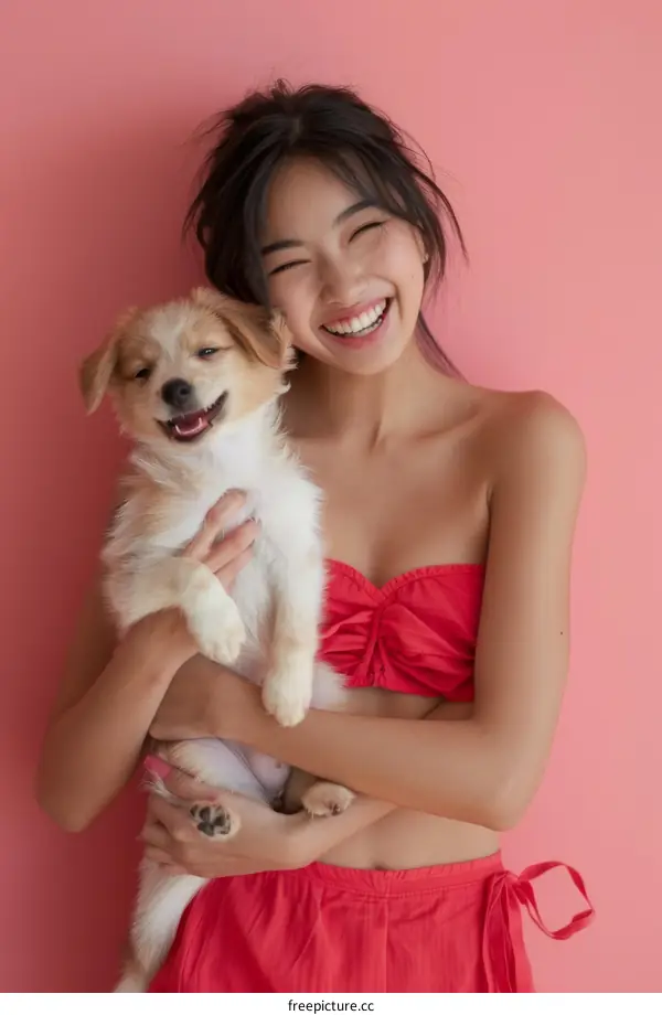Asian woman with puppy smiling at camera