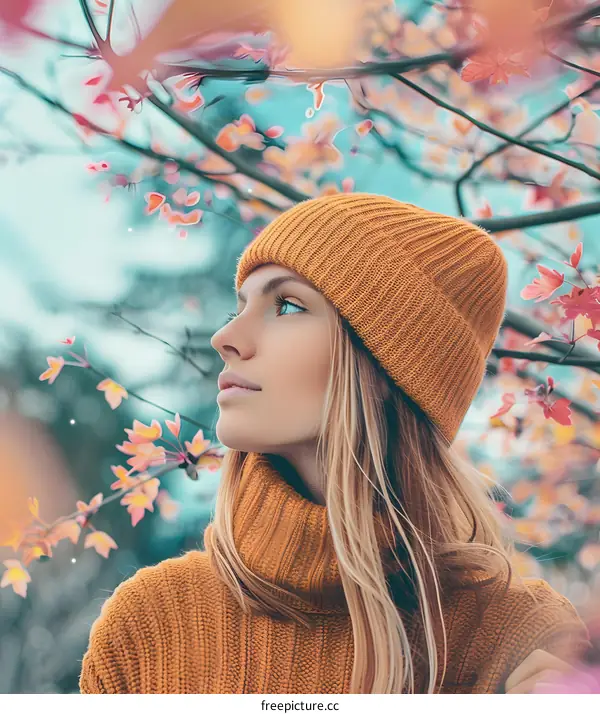 Woman in Knitted Hat Looking Up at the Sky