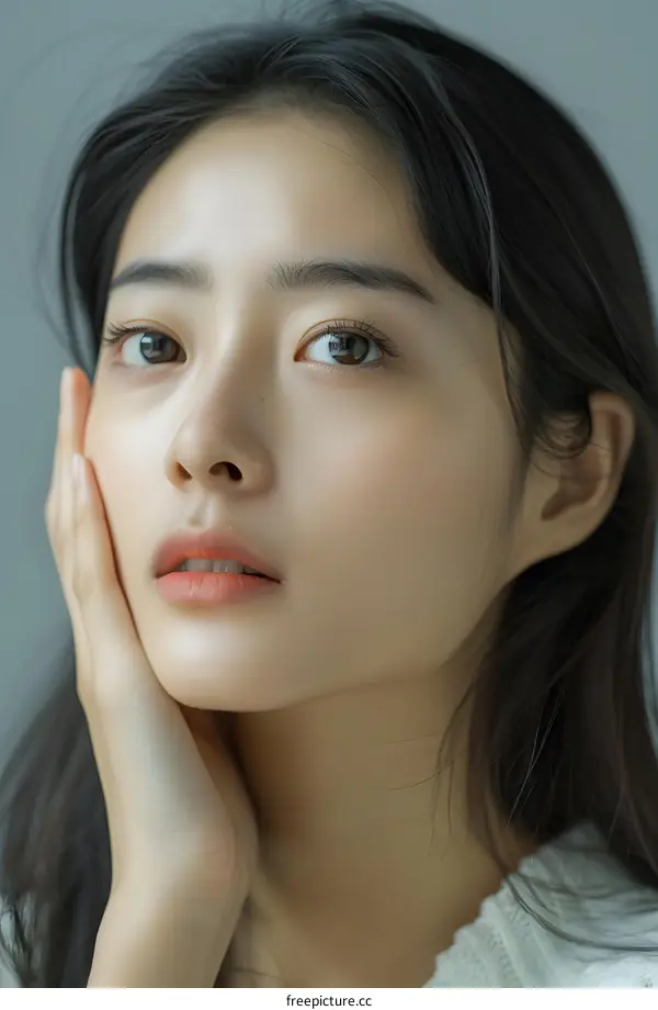 Closeup Portrait of a Young Asian Woman With Long Black Hair