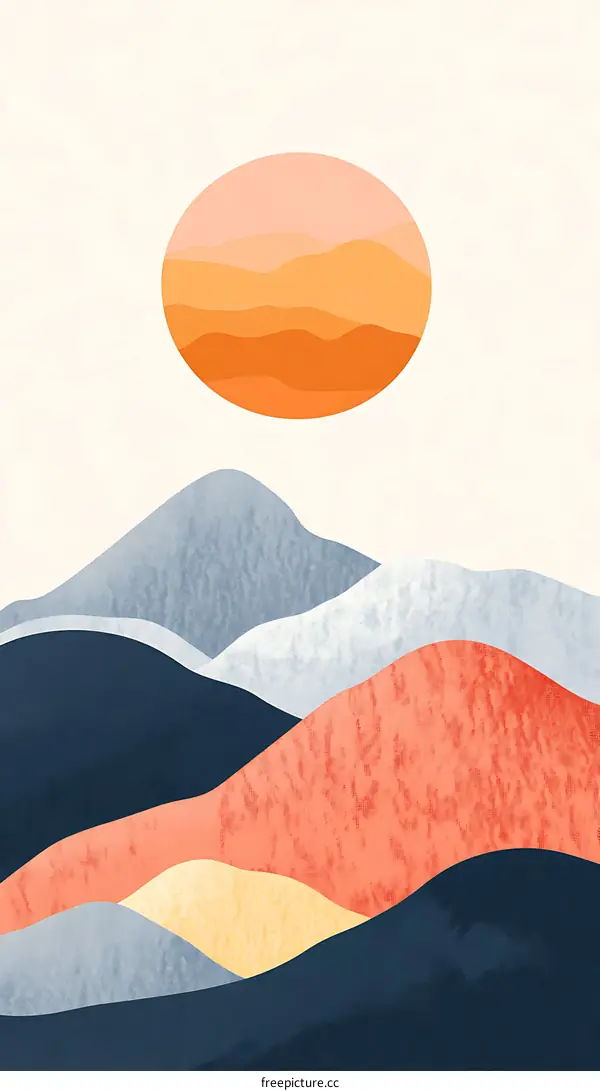Abstract Minimalist Landscape with Sun and Mountains