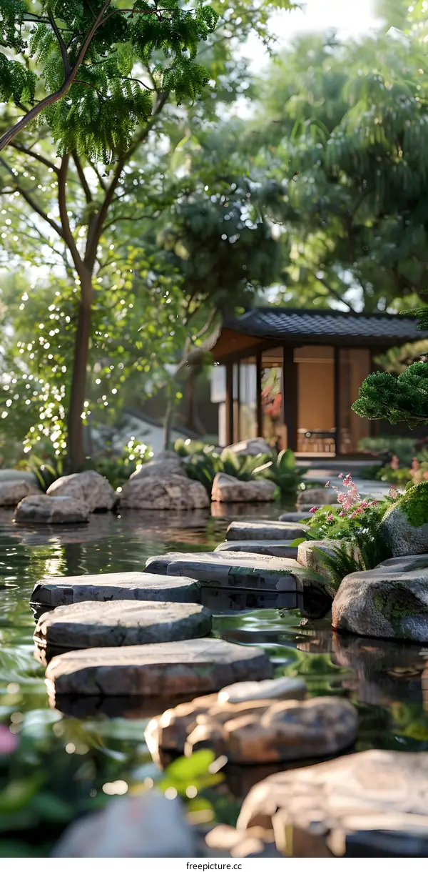 Stepping Stones in a Landscaped Garden with a Traditional Chinese Pavilion