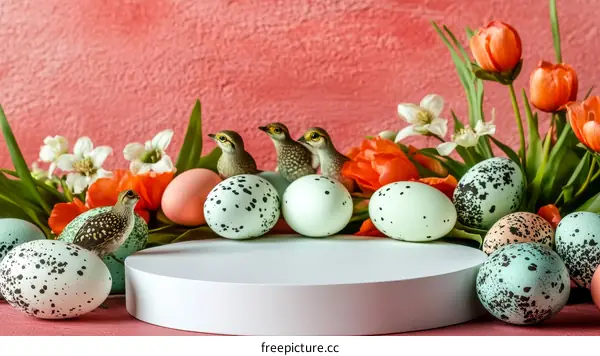 Easter Eggs Display with Birds and Flowers