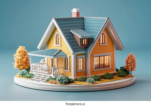 Yellow miniature house with blue roof on a white platform against a blue background