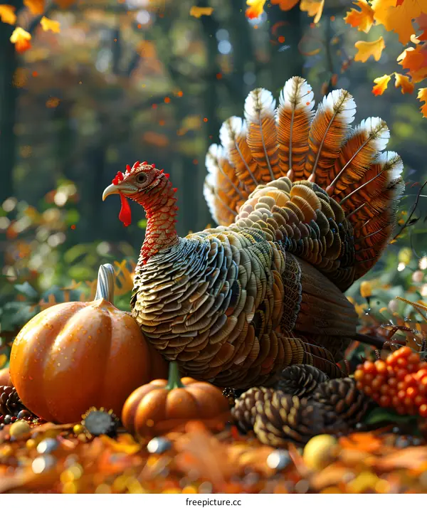 A turkey standing next to a pumpkin
