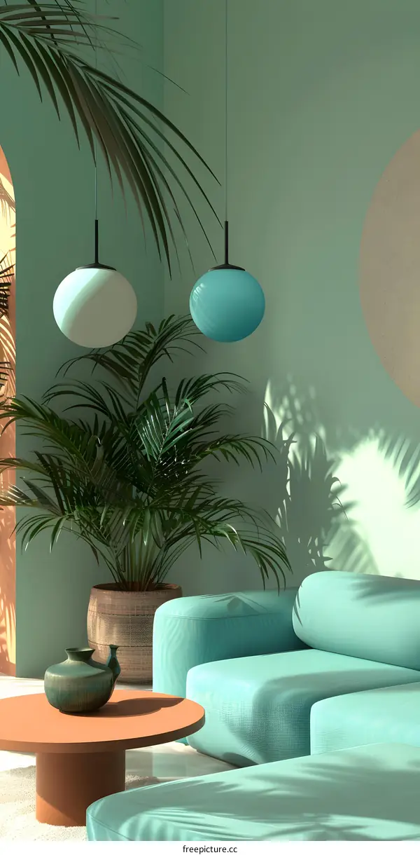 Tropical Minimalist Living Room Interior Design with Green Walls and Palm Tree