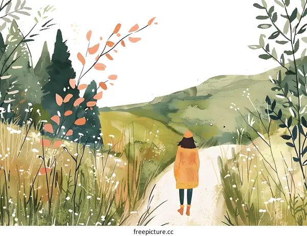 Woman Walking on Path in Autumn Landscape Watercolor Illustration