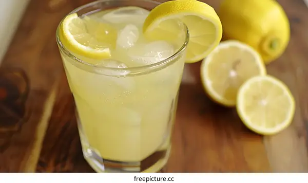 Glass of Lemonade With Lemon Wedges and Ice Cubes