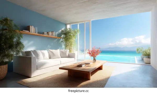 Coastal Living Room Illustration with Ocean View