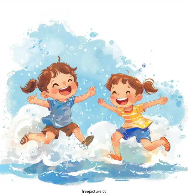 Two happy children jumping in the waves