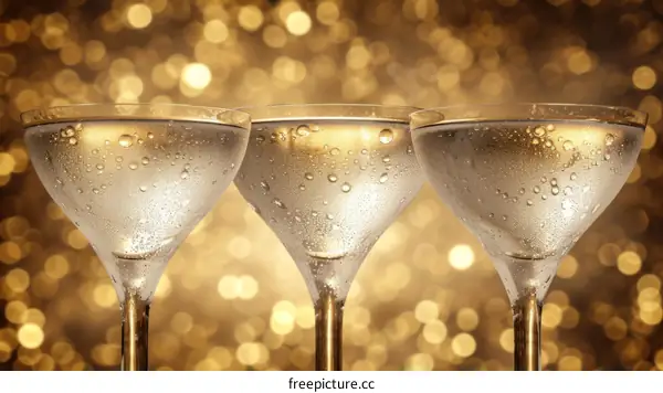 Three champagne glasses with bubbles on a gold background